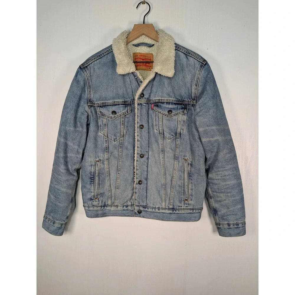 Levis Mens Sherpa Lining Trucker Jacket Light Wash Denim Size M